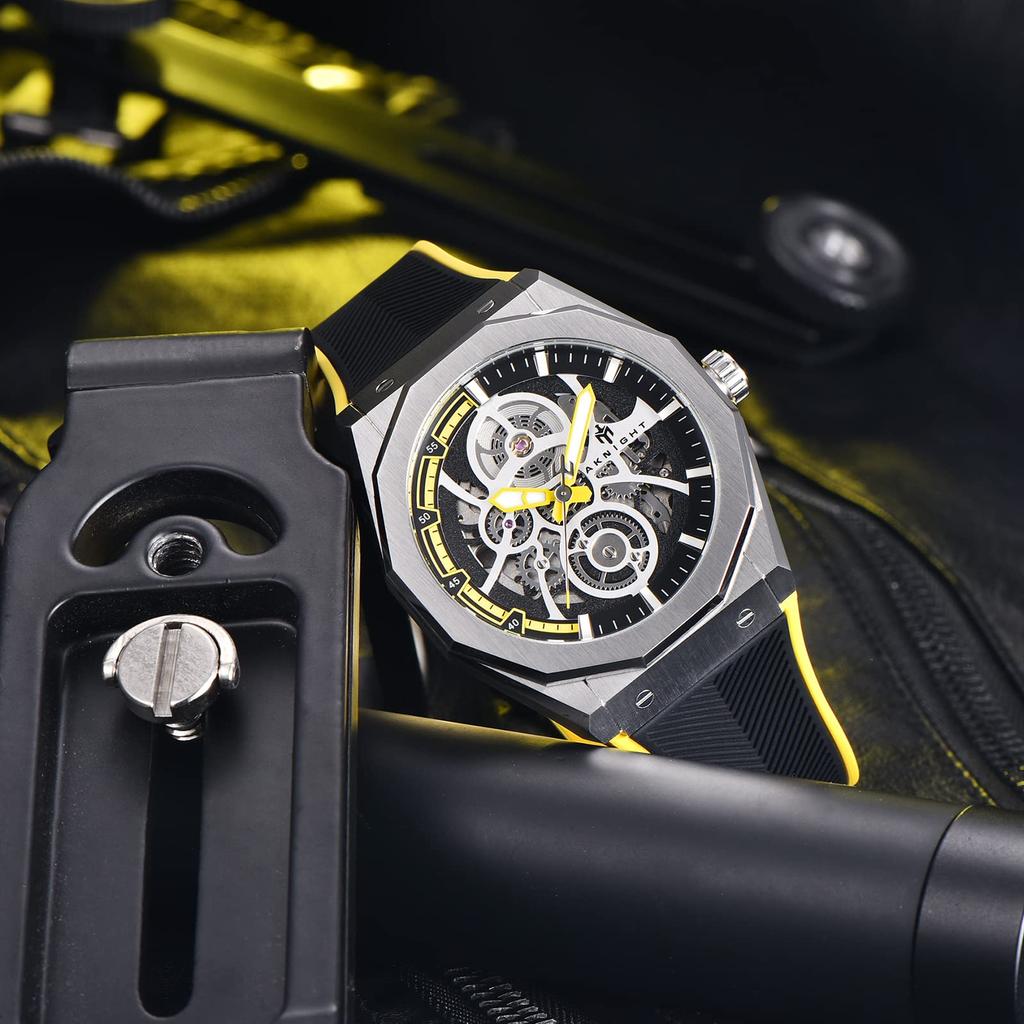 Механические часы Водонепроницаемые 100 м Автоматические часы Скелетон Крутые Стильные наручные часы Роскошные водонепроницаемые светящиеся желтые часы AKNIGHT для мужчин
