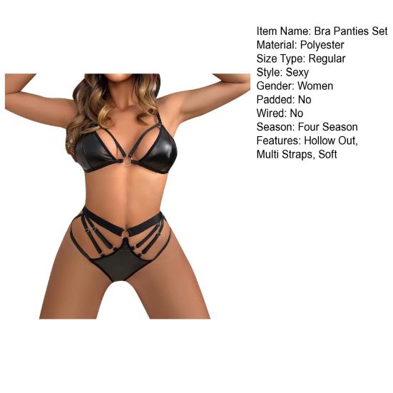2 Pcs/Set Bra Panties Set Hollow Out Faux Leather Solid Color Wireless Unpadded Elastic Multi Straps Soft Lady Bra Panties Set Wedding Night
