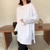 Women's Mid-Length White Layered Shirt & Sweatshirt Top for Autumn/Winter - Loose, Split Long-Sleeves