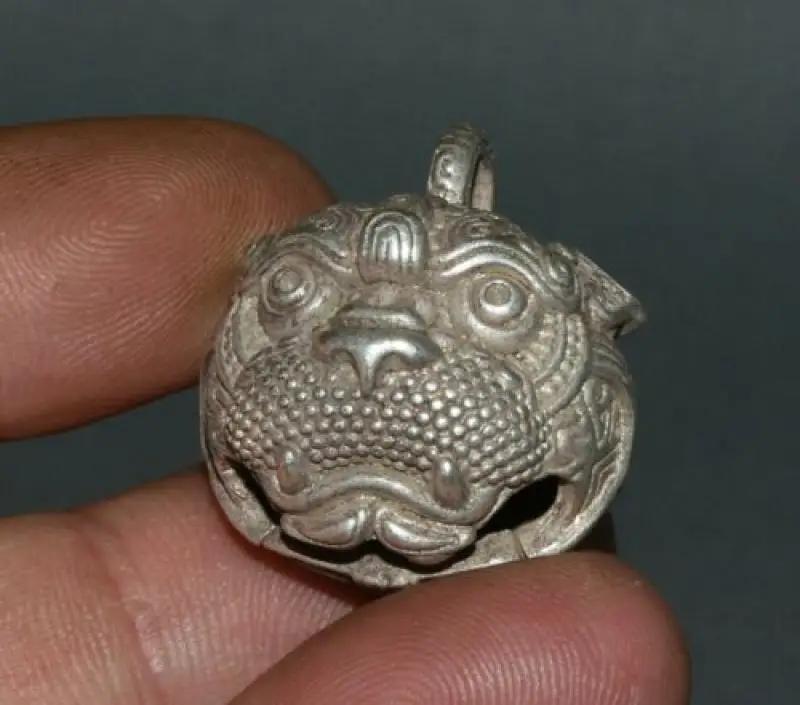 3Cm Rare Chinese Miao Silver Feng Shui Foo Dog Lion Beast Head Bell Pendant