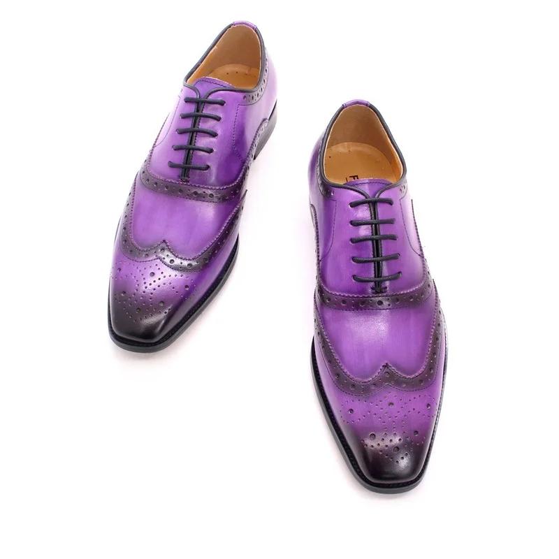 Модные благородные фиолетовые мужские туфли-броги ручной работы из резной кожи, мужские туфли из натуральной кожи, классические деловые туфли для мужчин