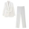Office Lady White Blazer Suits Women Long Sleeve V Neck Sashes Blazer High Waist Wide Leg Long Pants Fashion