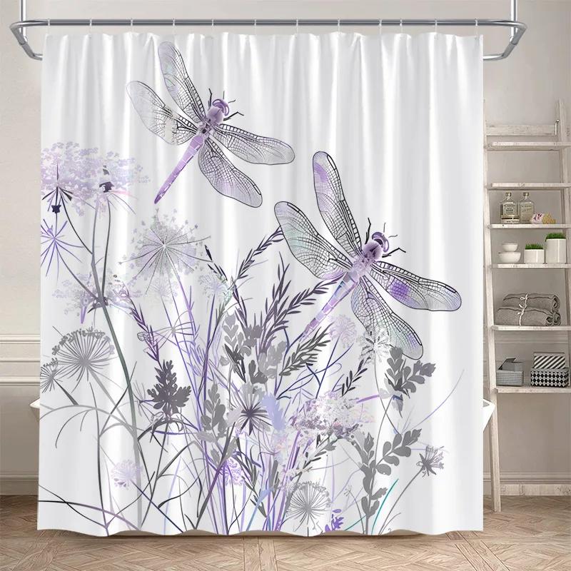 Floral Dragonfly Shower Curtains Watercolour Dandelion Rustic Flower Plants Polyester Fabric Bathroom Curtain Decor With Hooks