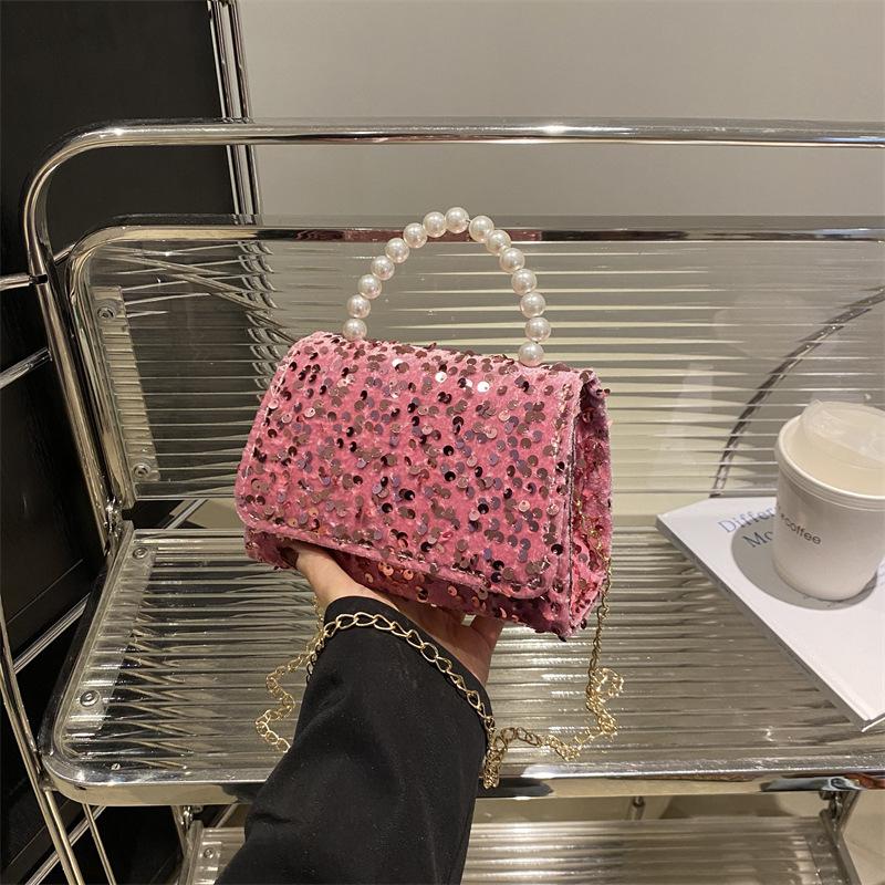 Foreign Style Simple Sequined Pearl Handbag Spring And Summer Versatile Chain Messenger Bag Small Square Bag Women