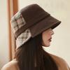 High sense fashion splicing plaid bucket hat women's autumn and winter new light luxury face cover hat British temperament thermal hat