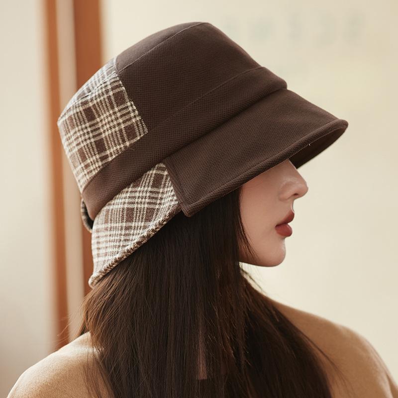 High sense fashion splicing plaid bucket hat women's autumn and winter new light luxury face cover hat British temperament thermal hat