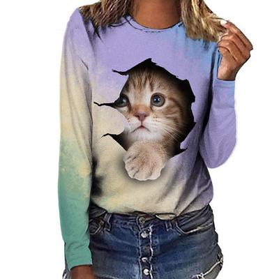 Женские осенние топы, свободная футболка с рисунком кота и принтом кота, повседневная футболка с длинными рукавами, топ, блузка