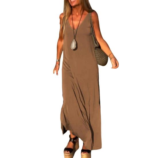 Женское летнее платье-комбинация без рукавов, повседневное платье макси с V-образным вырезом и разрезом, свободный пляжный сарафан, наряд для путешествий и отпуска