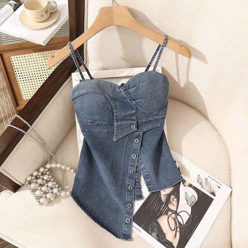 Summer Spice Girl Style Denim Sling Vest Women Irregular Sexy Slim Fit Versatile Top Y2k Aesthetic Bodycon Tanks