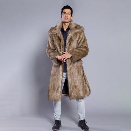 Мужское длинное пальто из искусственного меха с отворотом и длинным рукавом, ветрозащитное пальто с открытым передом, утолщенное теплое пальто из искусственного меха
