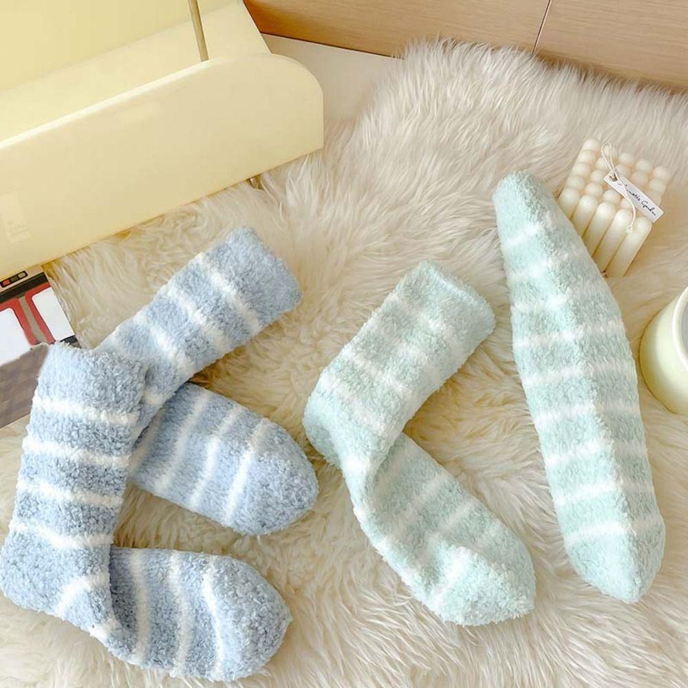 6Pairs Stripe Thicken Velvet Socks Patchwork Sleeping Socks Sweet Coral Fleece Socks  Girls