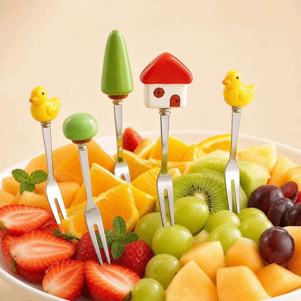 6Pcs Creative Stainless Steel Cake Fork Reusable Cute Fruit Forks  Coffee Stirring