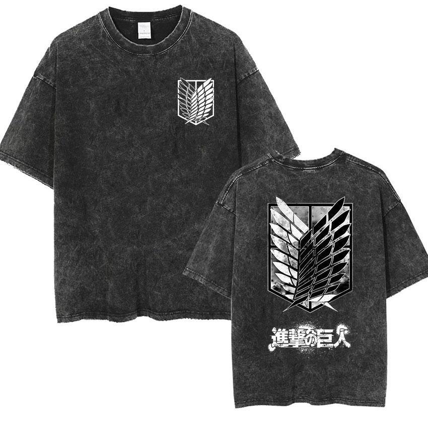 2026 Vintage Washed T-shirt Man Attack on Titan Women Short Sleeve Tee Streetwear Anime Print Summer Y2k Oversized Casual Tops