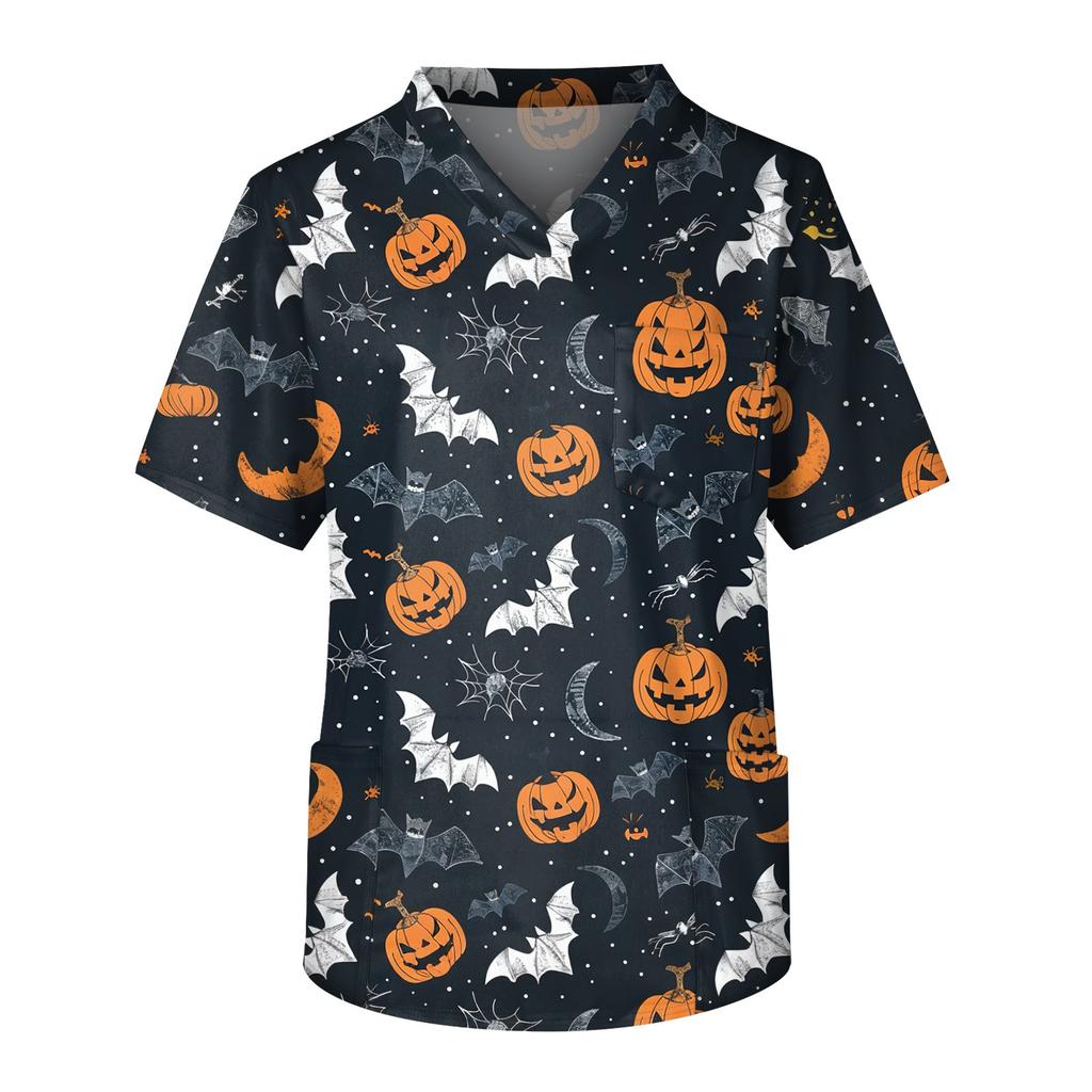 Мужской топ с короткими рукавами и v-образным вырезом на Хэллоуин с принтом на груди и карманом для ухода за кожей