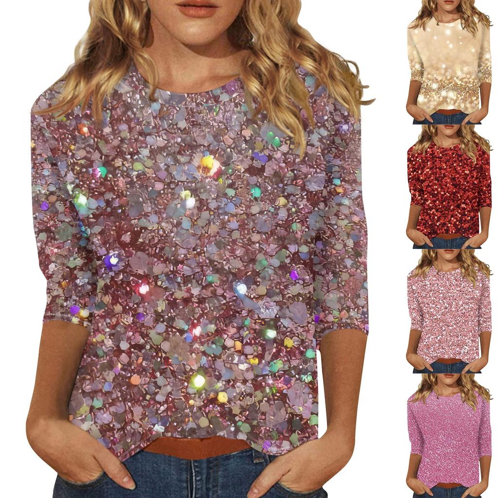 Women's Fashion Casual Three-quarter Sleeve Sequin Printed Round Neck Top
