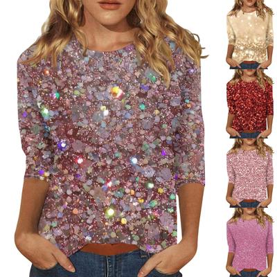 Женская мода повседневная три четверти рукава с принтом пайеток круглый вырез топ