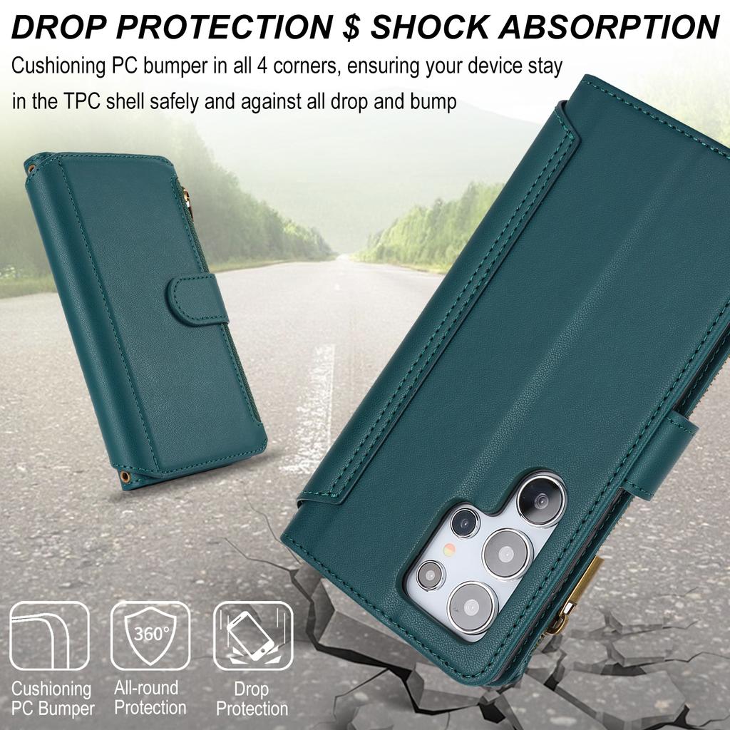 Держатель для карт с блокировкой RFID, мягкий чехол из искусственной кожи, магнитный ремешок с застежкой-молнией, защитный чехол для iPhone 16, 15, 14, 13, 12 Pro Max, Samsung Galaxy