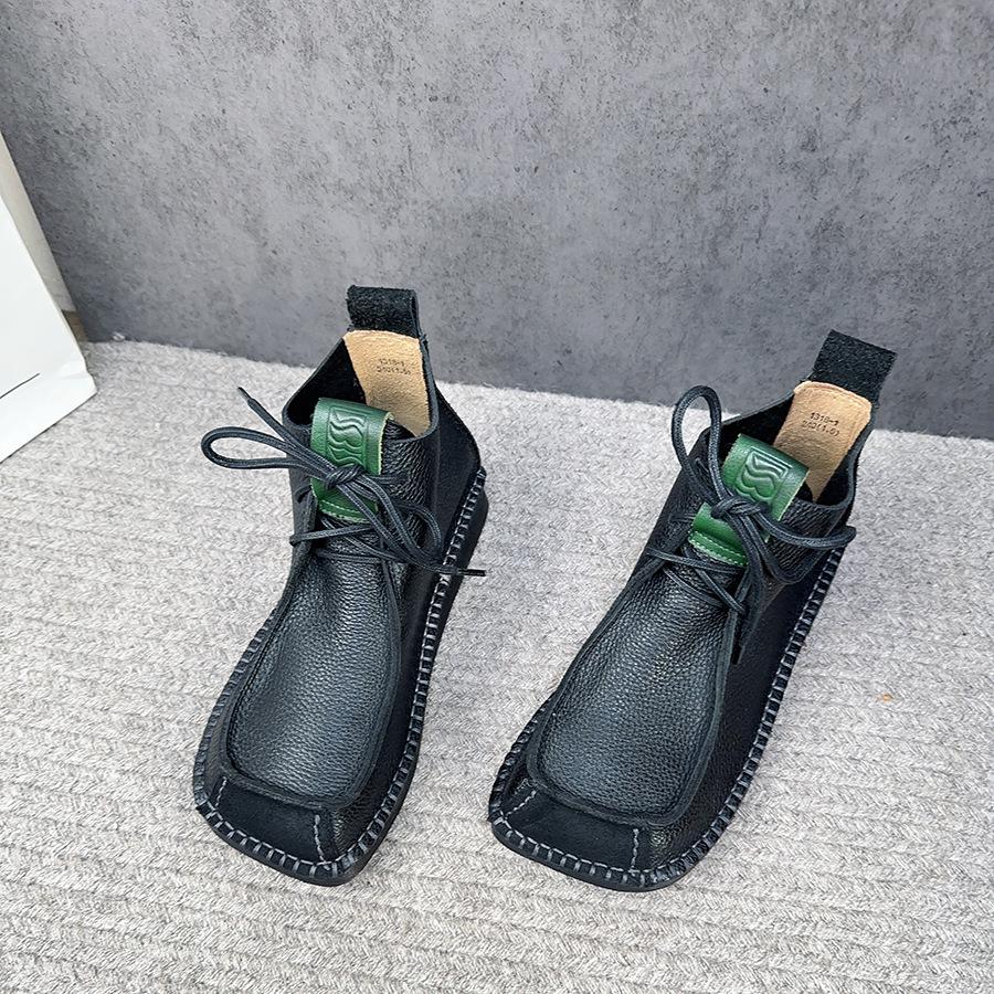 Johnature Короткие сапоги с квадратным носком, универсальные женские туфли на плоской подошве из натуральной кожи на шнуровке в стиле ретро в стиле ретро