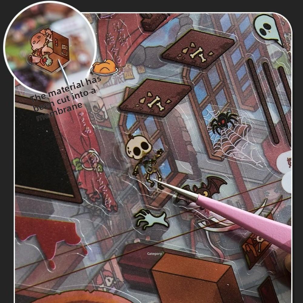 Horror Theme Cabin Scene Stickers PET Pocket Toy Game Book Visual Stacking Sticker Creative Play