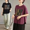 DIMANAF 2025 Women New Summer Loose Plus Size T-Shirt Short Sleeves Cotton Vintage Printing Tops Tees Maxi