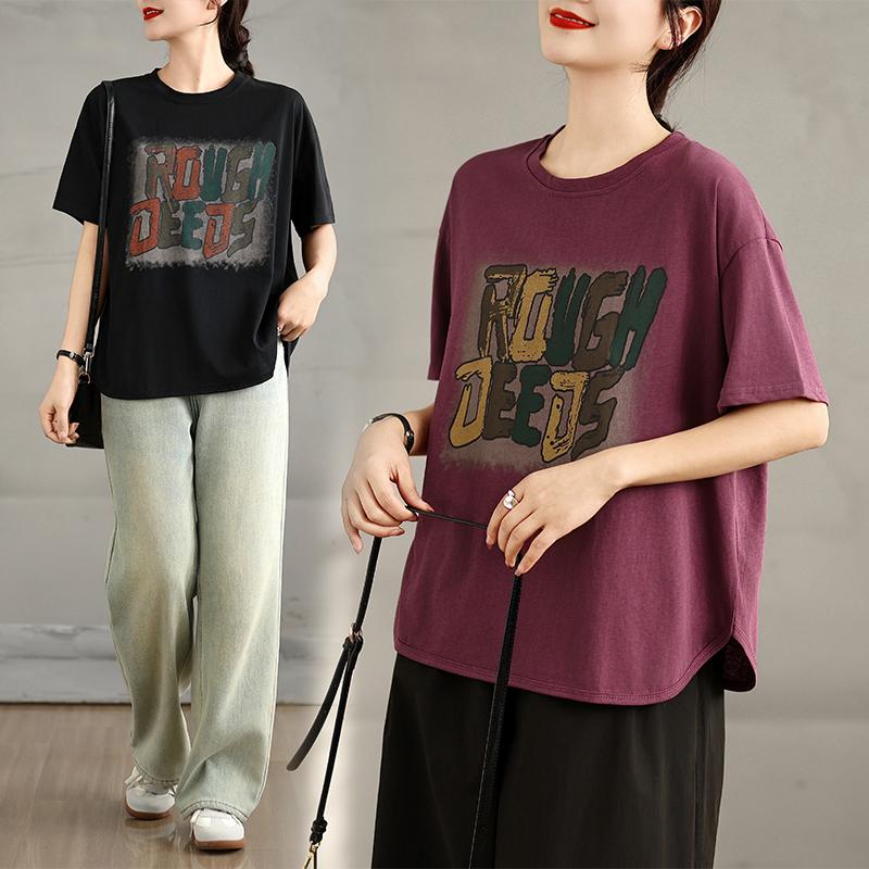 DIMANAF 2025 Women New Summer Loose Plus Size T-Shirt Short Sleeves Cotton Vintage Printing Tops Tees Maxi