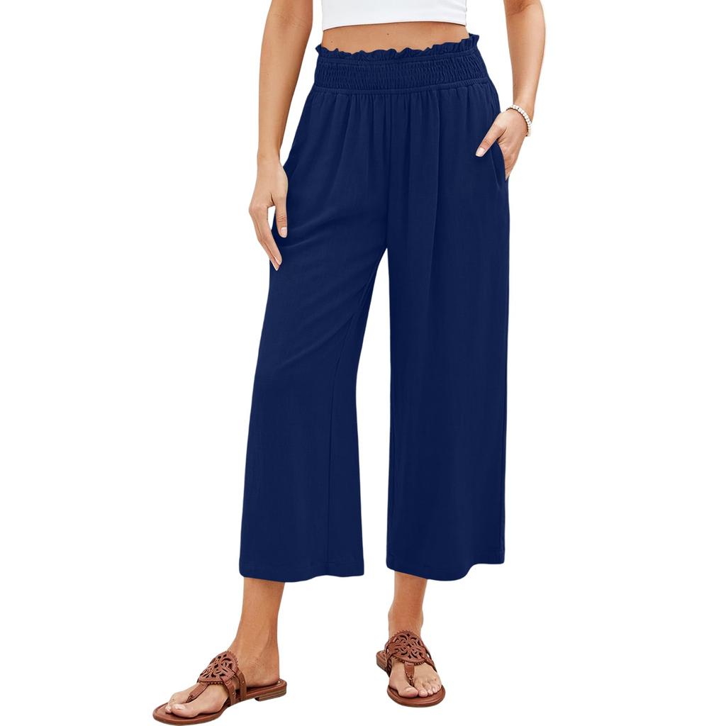 Льняные брюки для женщин, повседневные, однотонные, с эластичной резинкой на талии, укороченные брюки