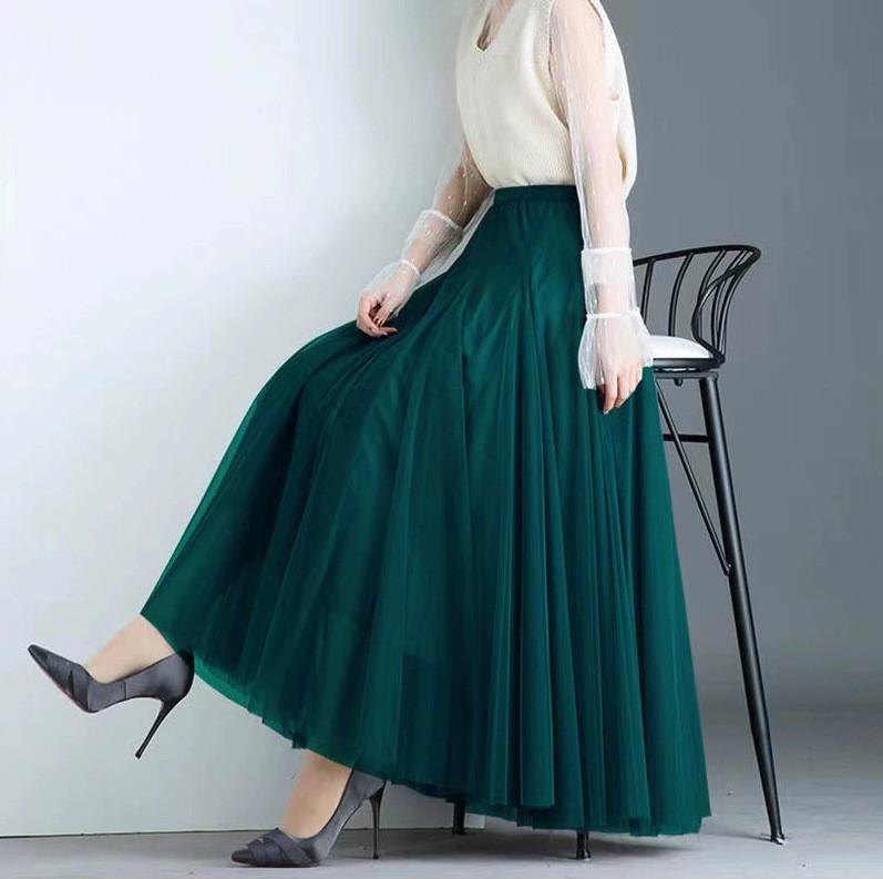 Womens Solid Pleated Elegant Midi Elastic Waist  Skirt