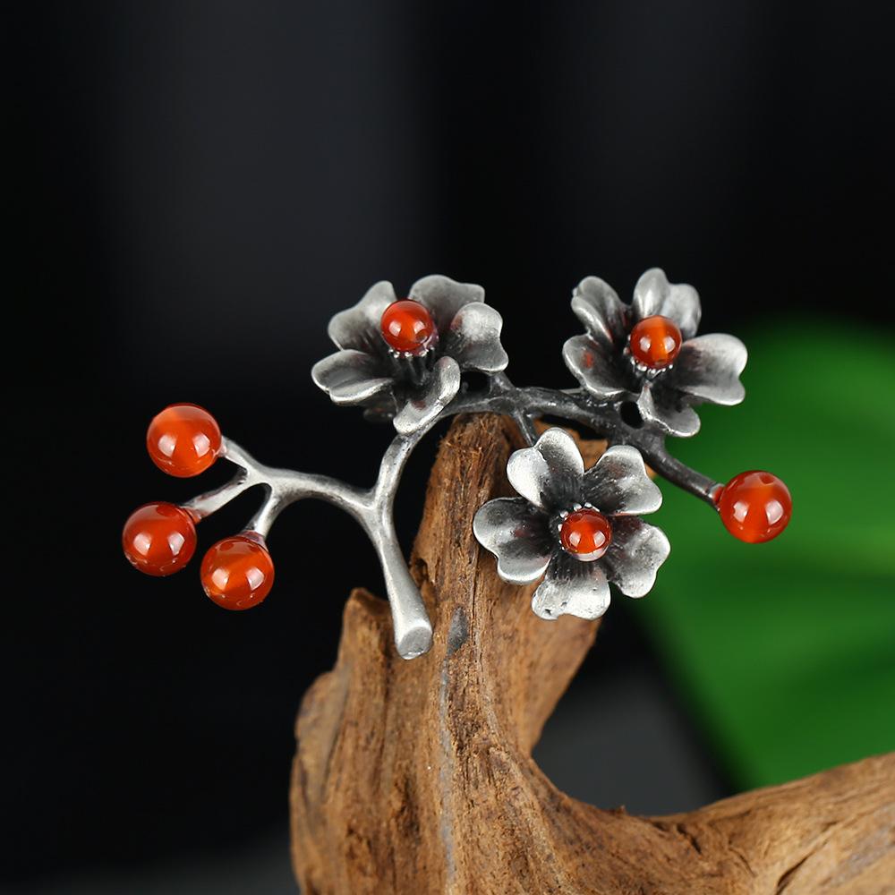 Retro Natural Agate Brooch High-end Classical Temperament Literary and Versatile Plant Pin Coat Cardigan Corsage Accessories