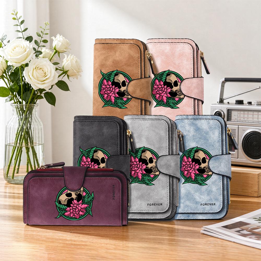 Stylish Skull Floral Printed Long Wallet Fashion Durable Portable Daily Use Card Holder Purse