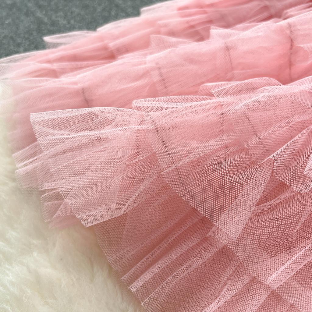 Nomikuma French Women Sweet Mesh Cake Dress Tie Up Waist Slimming Mid Length Elegant Long Cake Dresses 2024 Summer New Vestidos