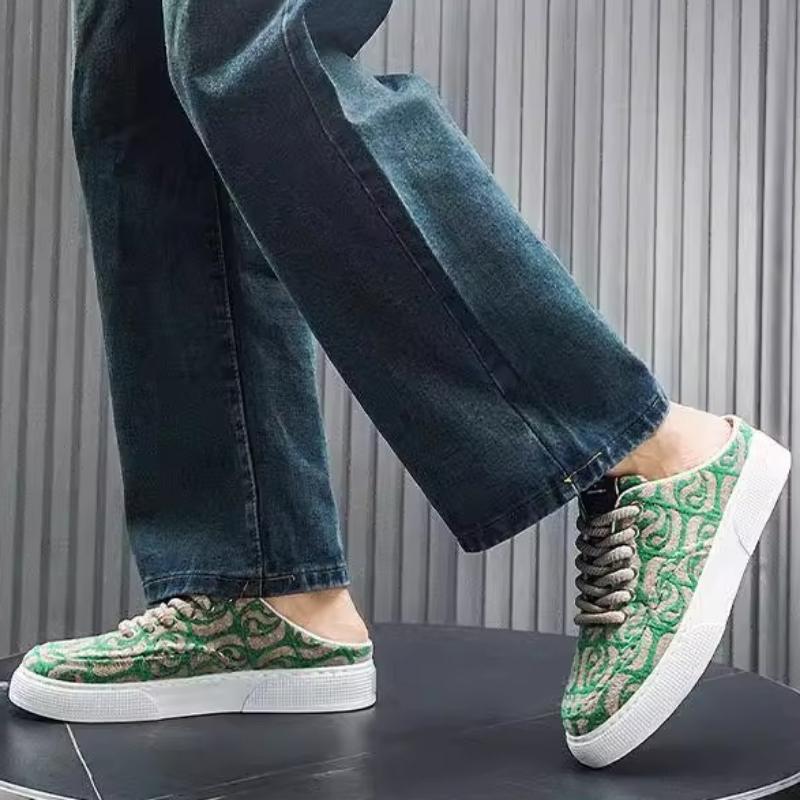 Summer Men Sandals Retro Print Canvas Shoes Indoor Men's Casual Home Mules Outdoor Flat Baotou Half Slippers Chef Shoes
