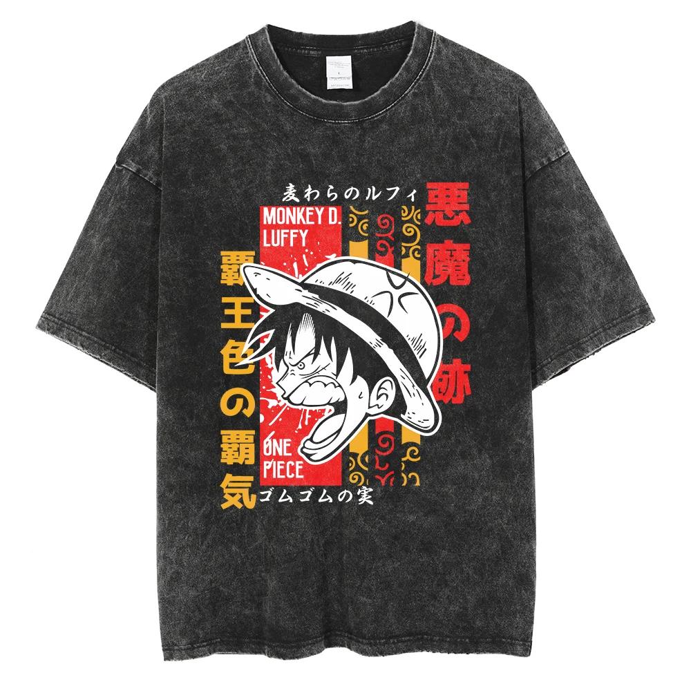 Harajuku Fashion Vintage TShirt Japanese ONE PIECE Anime Graphic Oversize T Shirt Washed Tshirt Men Summer Cotton Tops Tees