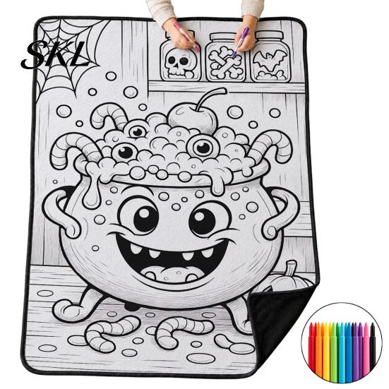 Creative Activity Kits for Relaxation Halloween DIY Coloring Blanket with 24 Markers, Color Your Own Throw Customizable Bedding Decor Blanket,