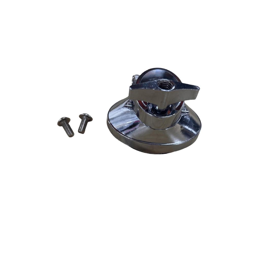 Silver Drum Accessories: Snare Drum Lug Stand, Drum Saddle, and Drum Adjuster.