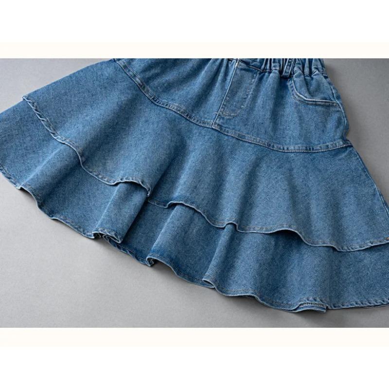 Летняя джинсовая юбка для девочек, модная синяя многослойная юбка с оборками для детей, повседневная универсальная короткая юбка для подростков школьного возраста 4-12 лет
