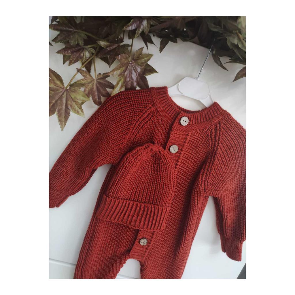 Buttoned Beige Thessaloniki Knitted Knitted Baby Jumpsuit With Hat