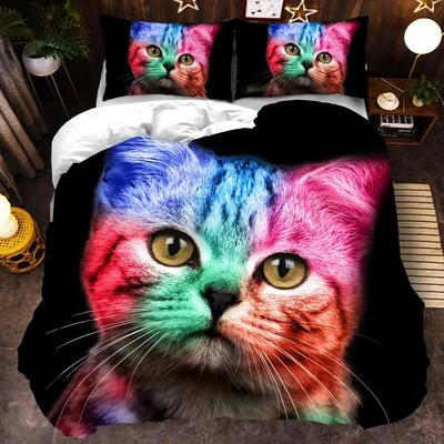 3D Комплект постельного белья с кошкой для девочек и мальчиков, милый красочный пододеяльник с кошачьим узором, 3 предмета, яркий цвет, черный, животный