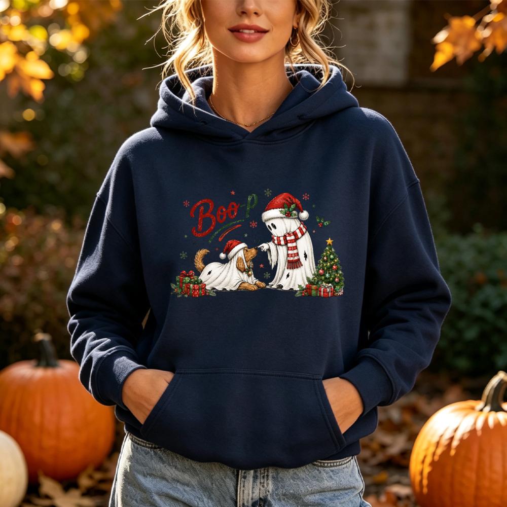 Cute Christmas Ghost Dog Graphic Hoodies Women Autumn Winter Boop Print Casual Pocket Hooded Sweatshirt Unisex Pullover Tops