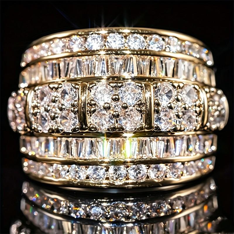 Exquisite Gold Color Inlaid White CZ Women's Ring Geometry Design Daily Wear Party Jewelry