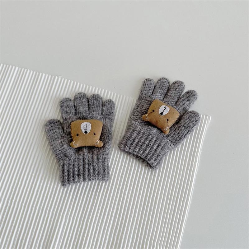 Cute Bear Baby Winter Gloves Solid Color Knitted Full Finger Gloves Kids Boys Girls Outdoor Warm Mittens