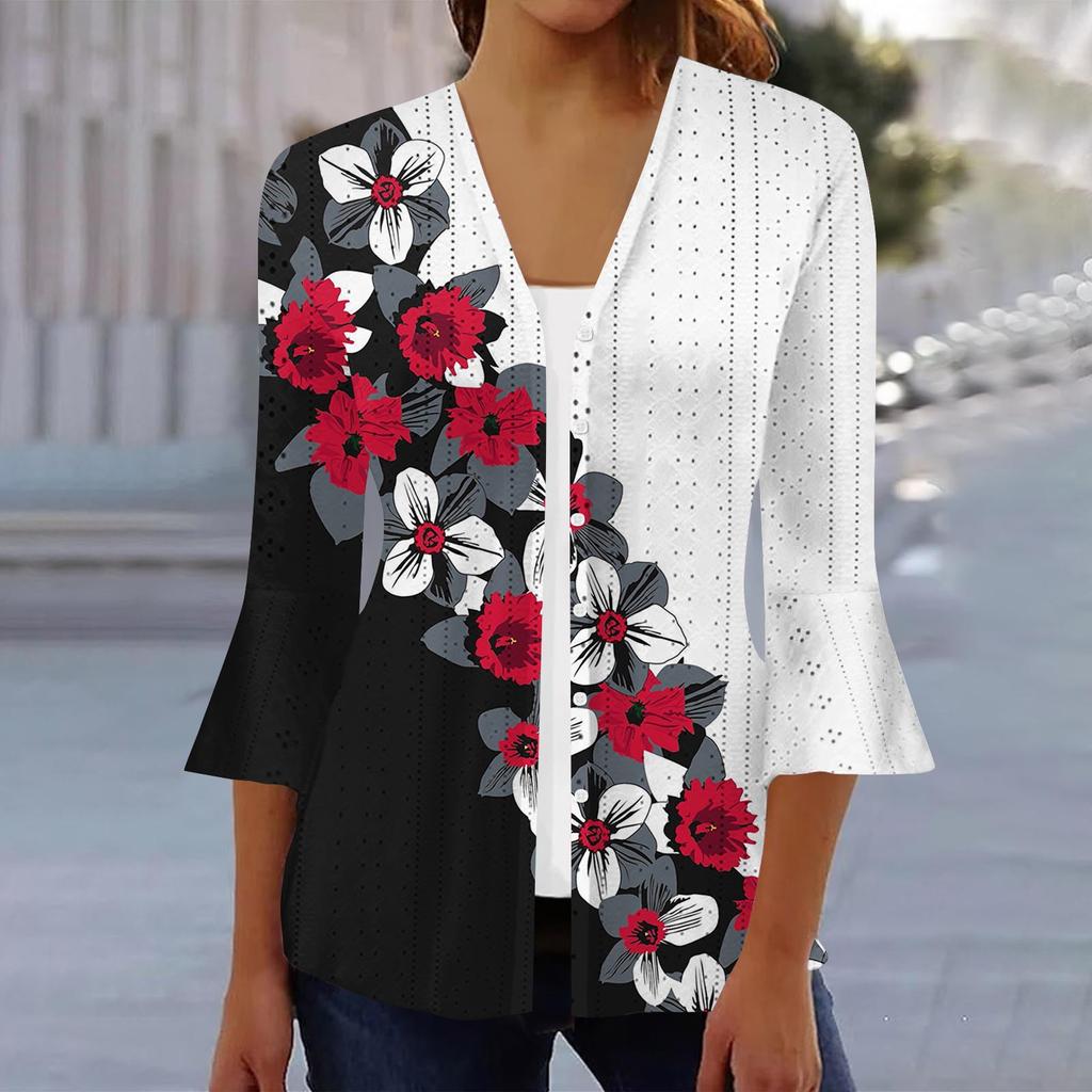 Women's Fashion Loose Casual Printed Three-quarter Sleeve Button Shirt Cardigan Top