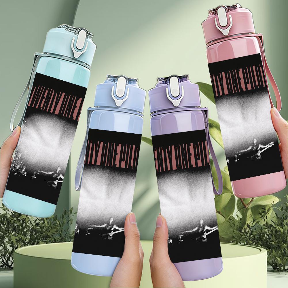 1PC Dark band rectangular album cover print 750ml colorful plastic sports water bottle leakproof pop lid with straw for outdoor office home use