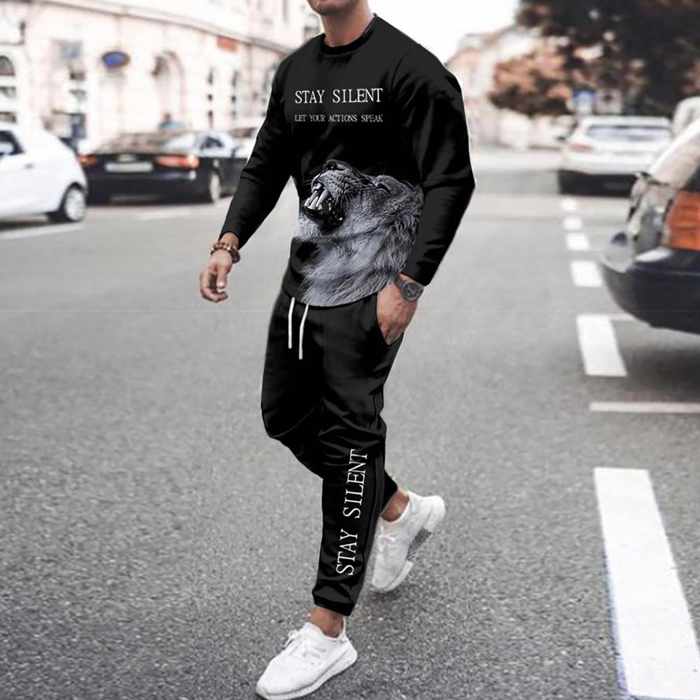 Король Лев Мужские комплекты из 2 предметов Повседневная спортивная одежда Брюки Костюмы Мужские футболки с длинным рукавом Осенние спортивные костюмы Брюки Одежда для отдыха