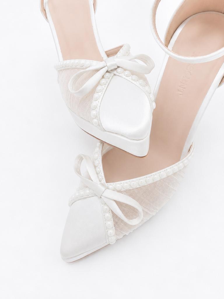 Crescentseoul Diamant Silk Pearl Lace Ribbon Platform Strap Pumps Heels White