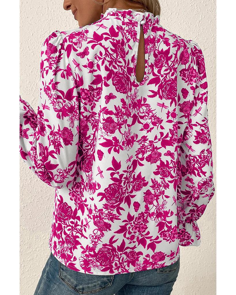 Azura Exchange Rose Floral Print Flounce Sleeve Keyhole Back Blouse
