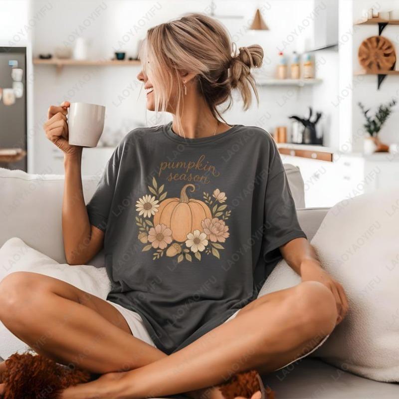 Хлопковая футболка 'Тыквенный сезон' Осенняя цветочная для женщин мужчин Милые топы на День Благодарения Осенний сезон Уютный наряд Популярные футболки Харадзюку