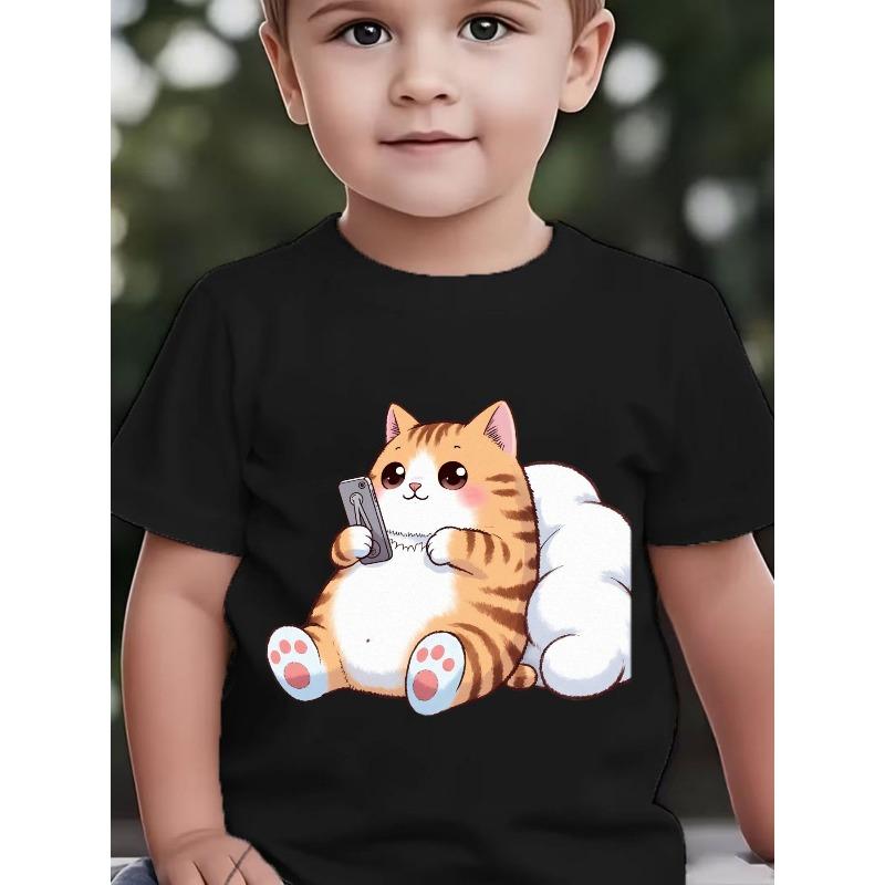 Baby Boy Short Sleeve Cute Chubby Orange White Cartoon Cat Holding Phone Childlike Print Top