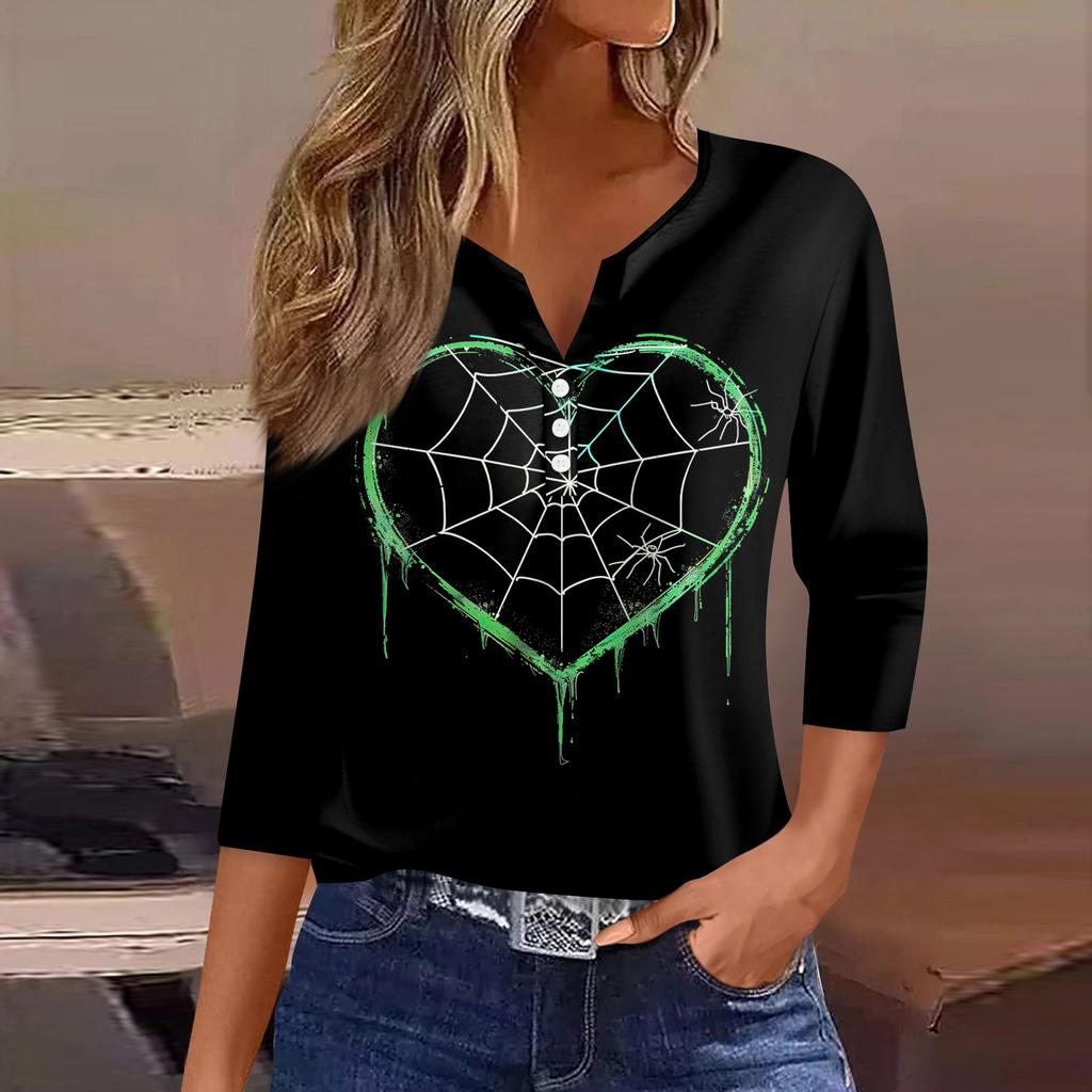 Жен. Футболка Футболка С принтом Пуговицы Рукав 3/4 Повседневные Выходные Мода Классический V-образный вырез Обычный Топ