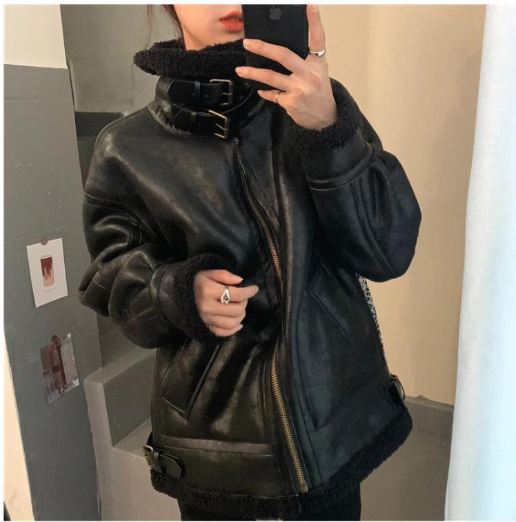 Новая зимняя куртка из овечьей шерсти с мехом, женская замшевая байкерская куртка из овечьей шерсти и хлопка