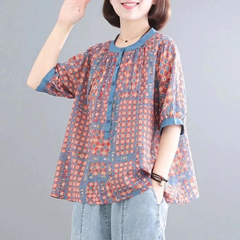 Женский летний свободный повседневный топ с принтом, уменьшающий возраст, с круглым вырезом, для поездок на работу